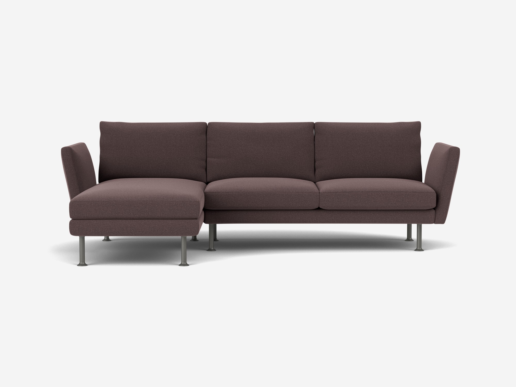 Brown sectional sofa with high arms and left facing chaise front view